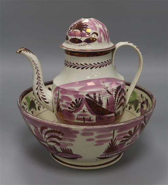 A Sunderland lustre bowl and coffee pot (the latter a.f.) basin diameter 39cm pot height 28cm